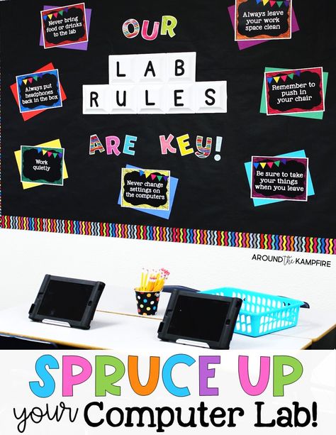 Spruce Up Your Computer Lab with Chalkboard Decor - Around the Kampfire Computer Lab Headphone Storage, Ict Lab Decorations, Computer Classroom Decor Ideas, Computer Classroom Design, Computer Lab Rules Posters, Technology Classroom Decor, Computer Lab Bulletin Board Ideas, Computer Lab Design, Computer Lab Rules