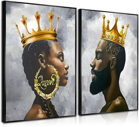 PRICES MAY VARY. Black King And Queen Wall Art sizes, 16x24 inches, This is just canvas posters, not stretched on any frame, you can choose a suitable frame for installation. The Black King and Queen wall art gives a powerful spiritual power and is motivational and inspirational at the same time The artwork is printed on high-quality canvas to ensure color and quality and will not fade after hanging for a long time. Our art prints will make great gifts for friends and family. Gift this wall deco Black Love Paintings, African King And Queen, Art Black Couple, Men Wall Decor, African King, Couple Canvas, Black King And Queen, Wall Decor Painting, Couples Canvas