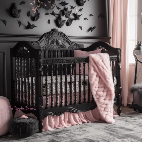 Gothic Style Nursery, Victorian Goth Nursery, Adams Family Nursery, Gothic Nursery Ideas Victorian, Pastel Goth Nursery, Gothic Newborn Photography, Goth Crib, Gothic Crib, Whimsigothic Nursery