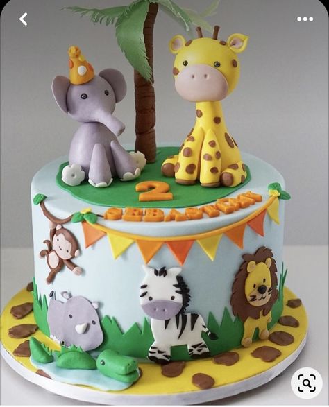 Animal Cake 2nd Birthday, Zoo Animal Birthday Cake, Zoo Cake Ideas, Zoo Theme 2nd Birthday Cake, Zoo Theme Birthday Cake, 2 Tier Safari Birthday Cake, Two Tier Animal Theme Cake, Jungle Birthday Cakes, Tiger Cake