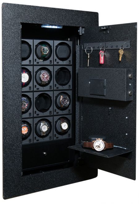 Blumsafe watch winder Wall Safe- Fort Knox  watch winder safe; holds up to 12 BOXY brick automatic watch winders; remote control; designed in the USA Watch Storage Ideas, Watch Collection Storage, Luxury Watch Collection, Watch Wall, Automatic Watch Winder, Watch Safes, Collection Storage, Accessory Storage, Wall Safe