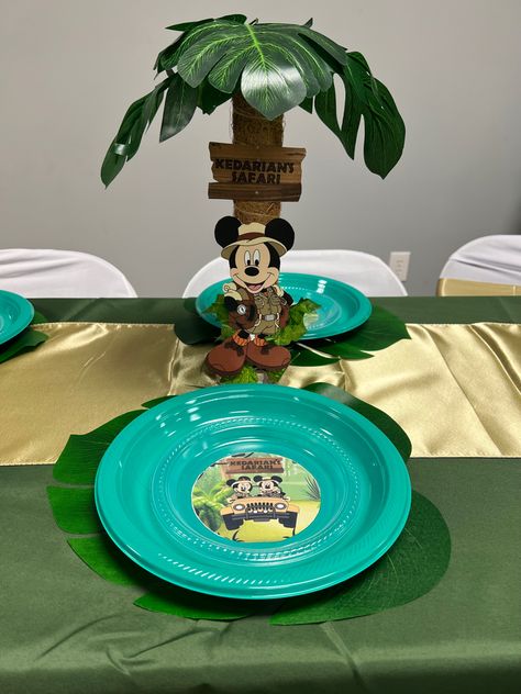 Mickey Dinosaur Party, Mickey Mouse Safari Centerpieces, Mickey Safari Centerpieces, Safari Centerpieces, Mickey Mouse Centerpieces, Mickey Safari, Jungle Theme Birthday Party, Mickey Theme, Jungle Theme Birthday