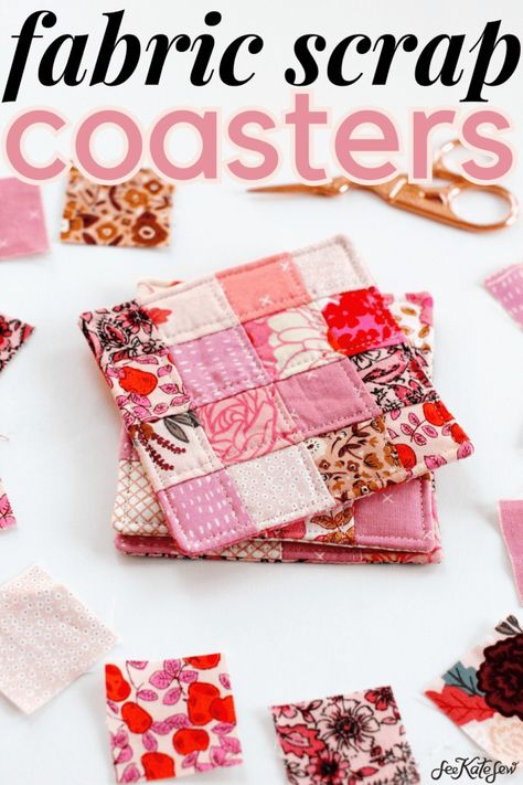 fabric scrap coaster tutorial - see kate sew Quick Sewn Gifts, Things To Make With Scrap Fabric, Small Quilted Gifts To Make, Diy Fabric Gifts, Scrap Material Projects, Fabric Strips Projects, Scrap Sewing Projects, Flannel Scraps, Fabric Scrap Projects