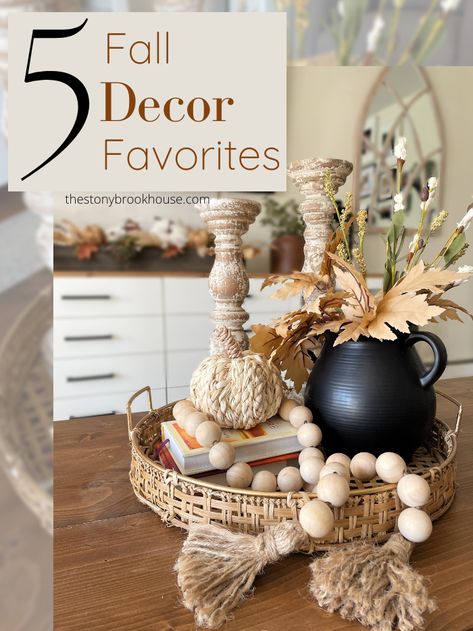 My 5 Fall Decor Favorites Fall Table Decor Dough Bowl, Fall Wooden Tray Decor, Fall House Decor Kitchen, Living Room Fall Decor Coffee Tables, Fall Decorations Indoor Kitchen, Fall Vingette Ideas, Fall Vinyettes Display, Fall Baskets Ideas Decor, Fall Trays Ideas