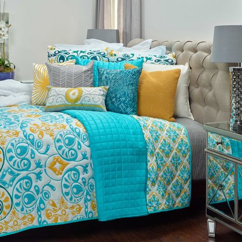 Teal and yellow bedroom