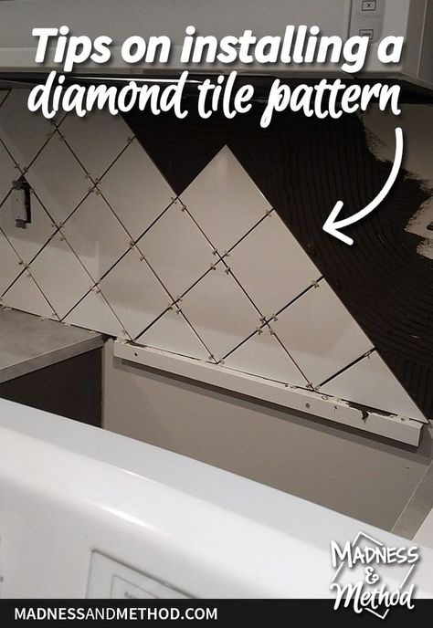 Planning a diamond backsplash or a herringbone pattern? Read these handy tips on installing a diamond tile pattern that is especially important for walls! Diagonal Tile Backsplash, White Diamond Backsplash Kitchen, Square Tile Diamond Pattern, Diagonal Square Tile Backsplash, Diamond Tiles Bathroom, Diamond Tile Bathroom, Square Tile Patterns, Diamond Tile Backsplash, Square Tile Bathroom