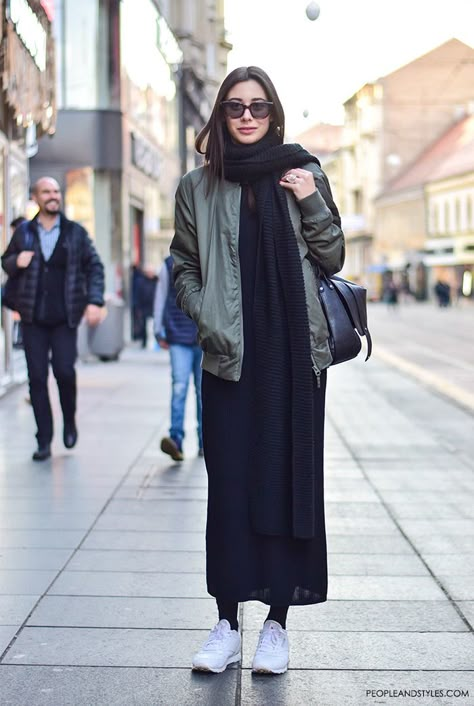 Hello Bomber Jacket - We Are Ready to Style You! #streetstyle looks by PeopleandStyles.com Long Dress With Jacket, Minimalisticky Chic, Walking Down The Street, Iranian Women Fashion, Hijab Style Casual, Casual Hijab Outfit, Muslim Fashion Outfits, Street Style Paris, Jacket Long