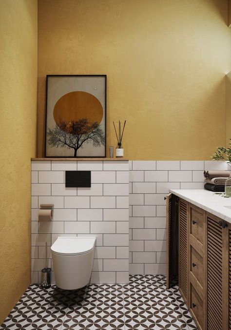 bathroom design ideas master Yellow Wall Bathroom, Ochre Bathroom, Bathroom Wall Decorations, Yellow Bathroom Ideas, Yellow Toilet, Yellow Bathroom Tiles, Yellow Bathroom Walls, Yellow Bathroom Decor, Walls Decor