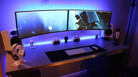 My Dual 34" Ultrawide Curved Monitors setup all run by my late 2012 Mac Mini! Monitors Setup, Double Monitor Setup, Monitor Setup, Dual Monitor Setup, Computer Desk Setup, Computer Set, Computers Tablets And Accessories, Pc Gaming Setup, Desktop Setup