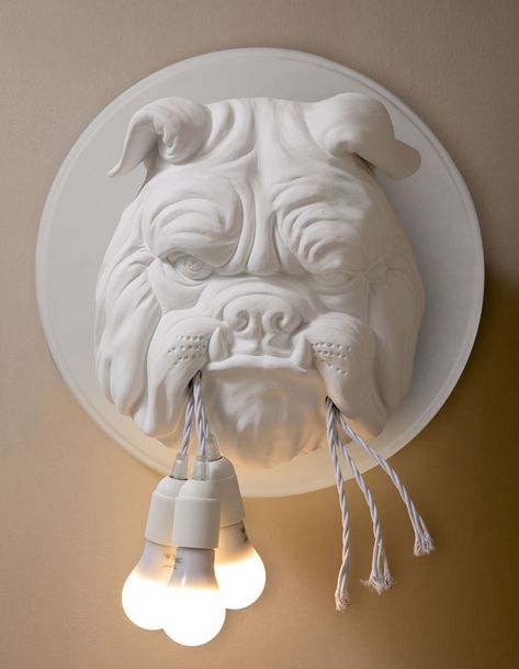 Lightbulbs Hanging From A Bulldog's Mouth Are A Whimsical Feature Of This New Lamp | CONTEMPORIST Lightbulbs Hanging, Ceramic Wall Lights, Bad Set, Wall Lamps Living Room, Wall Lamp Design, Wall Lighting Design, Animal Wall Decor, Italian Lighting, Living Room Tv Wall