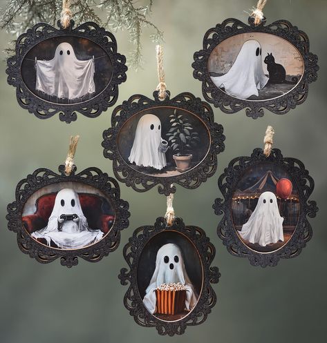 Add a touch of quirky charm to your home décor with these unique Ghost Vintage Portrait Ornament. Featuring a 2 Layer Wood Ghost Painting design, this hanging decoration is sure to catch the eye of any plant lover. The vintage-inspired portrait adds a whimsical feel to any space, making it a perfect addition to your collection of eclectic ornaments Choose From: Ghost watering plant: "Please Don't Die!" Ghost With Black cat: "Best Friends for Eternity" Ghost Doing Laundry: "Just hanging out to dry" Ghost at the Carnival: "Best Day Ever" Ghost Playing Video Games: "Ghostly Night in" Ghost with Popcorn: "Scary Movie Night!" PRODUCTION TIME AND SHIPPING Each ornament is custom made, laser cut and UV printed for your order.  *Please leave approximately 14-21 days for production and shipping tra Ghost Portrait, Wood Ghost, Dark Academia Halloween, Portrait Ornaments, Ghost Paintings, Scary Movie Night, Ghost Painting, Ghost Gifts, Spooky Art