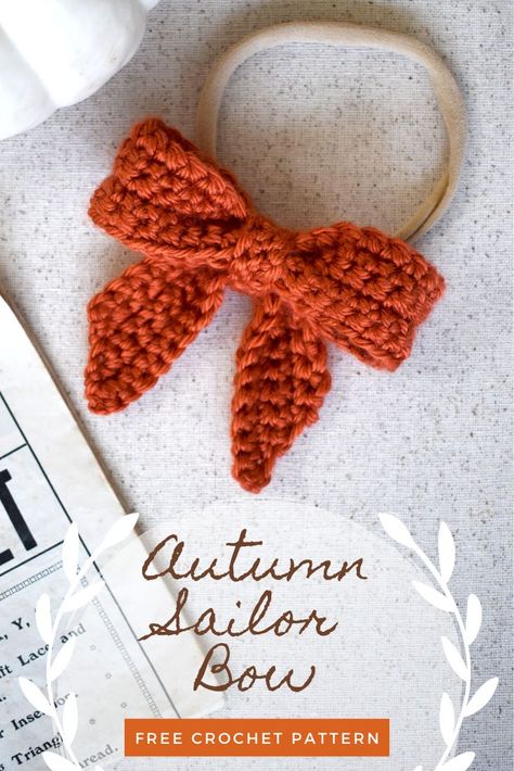 Fall Craft Fair Crochet, Crochet Bow Headband Pattern Free, Free Crochet Hair Bow Pattern, Simple Fall Crochet Patterns, Crocheted Hair Bows, Crochet Bow Scrunchie, Simple Crochet Bow Pattern, Crochet A Bow Free Pattern, Knit Hair Bow Free Pattern