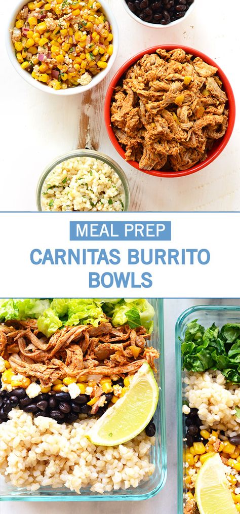 Shredded Pork Burrito Bowl, Healthy Pulled Pork Meal Prep, Meal Prep For The Week Pork, Pulled Pork Meal Prep Ideas, Healthy Shredded Pork Recipes, Non Processed Meal Prep, Shredded Pork Bowls, Pork Tenderloin Meal Prep, Carnitas Meal Ideas