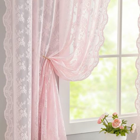 🩷🌸 YJ YANJUN Coquette Pink Sheer Curtains 84 inches Long 2 Panels Pretty Pastel Floral Lace Curtains for Bedroom Princess Room Decor, Barbiecore, Coquette, Cottagecore (52 x 84 Inch) Click Link to Shop this Gem :) Curtains For Girls Bedroom, Light Pink Rooms, Girls Bedroom Vintage, Curtains Short, Pink Sheer Curtains, Girls Room Curtains, Short Window Curtains, Girls Bedroom Curtains, Princess Room Decor