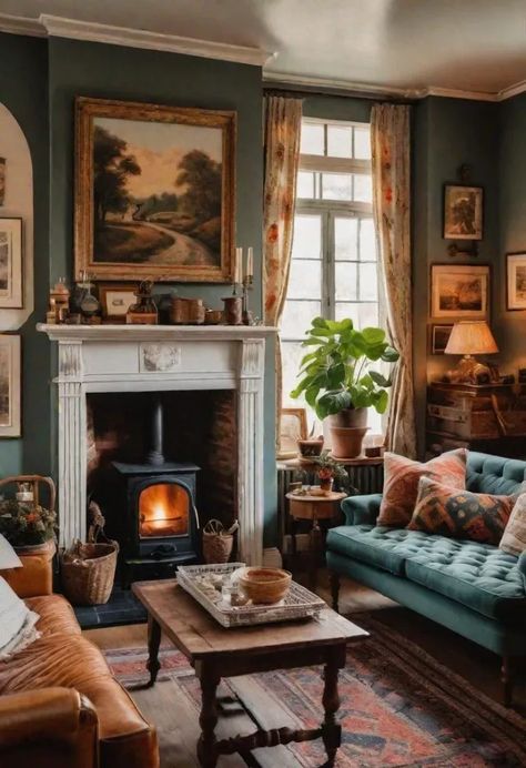 Tiny Living Room Ideas Layout, Cottage Core Sitting Room, Small Sitting Room Ideas With Fireplace, Warm Cottagecore Aesthetic, Living Room Inspiration Cottage Core, Warm Inviting Living Rooms, Colonial House Interior Design Living Room, Warm And Cozy Living Room Designs, Scottish Living Room