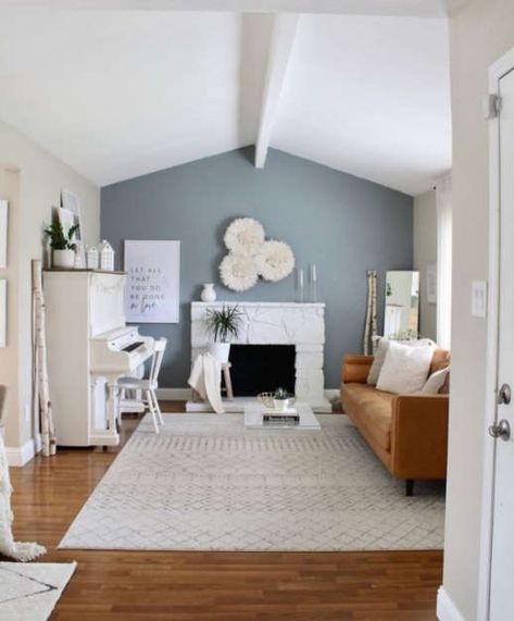 White Living Room Walls, Blue Accent Wall Living Room, Leather Couch Living Room, Leather Couch Living Room Decor, Blue Walls Living Room, Grey Accent Wall, Living Room Wall Color, Blue Accent Walls, Room Accent Wall