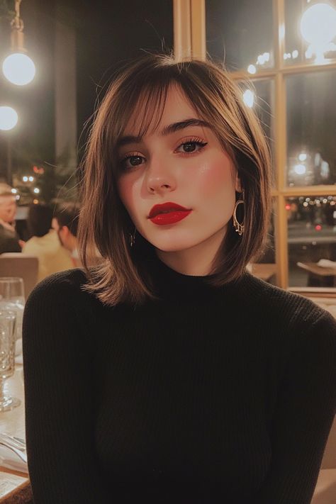 Woman with short brown hair and red lipstick wearing a black top at a restaurant. Bob And Headband, Cute Short Haircuts For Women In Their 30s, Short Red Bob Hair, Bob Trend 2024, How To Style Short Bangs, Bob Hairstyles Women, Bob Cut With Bangs, Short Hair With Bangs Hairstyles, Short Bob With Fringe