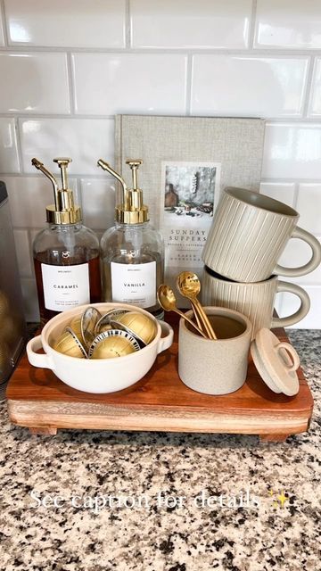 Coffee Bar Set Up In Kitchen, Kitchen Counter Decor Coffee Station, Coffee Bar Spoon Holder, Coffee Corner Minimalist, Nespresso Coffee Pod Storage, Coffee Station Styling Ideas, Simple Coffee Station On Counter, How To Style A Coffee Bar, Coffee Syrup Station