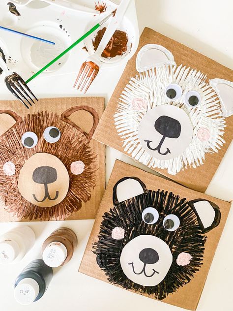 10 EASY Bear Crafts for Kids - ABCDee Learning Bear Crafts For Kids, Bear Crafts Preschool, Fork Painting, Bears Preschool, Teddy Bear Crafts, Polar Bear Craft, Canadian Animals, Bear Craft, Bear Paintings