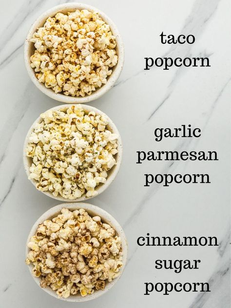 Flavored popcorn: 3 flavors in nt How To Make Flavored Popcorn, Diy Flavored Popcorn Recipes, Popcorn Spices, Different Popcorn Flavors, Good Popcorn Seasoning, Healthy Popcorn Seasoning, Homemade Popcorn Seasoning Recipes, Sweet Popcorn Seasoning, Instant Pot Popcorn