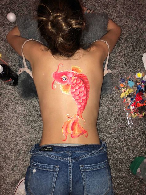 Painting with water based acrylic on girl’s back of red fish Human Body Painting, Back Painting Ideas, Painting On Body, Back Painting Ideas Human, Back Body Painting, Paint On Back, Painting On Body Aesthetic, Painting On Back, Painting On Body Couple