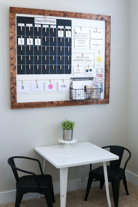 Bedroom Homeschool Space, Diy All About Today Board, Homeschool Display Wall, Diy Homeschool Calendar Board, Diy Homeschool Calendar, Homeschool Focus Wall, Homeschool Preschool Room Small Spaces, Homeschool Room Wall Ideas, Homeschool Wall Calendar