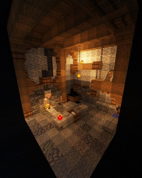 get to smelting in this big blacksmith forgery!  #minecraft #minecraftbuilds #minecraftblacksmith Minecraft Smelting Room Ideas, Minecraft Blacksmith Interior, Minecraft Blacksmith, Interior Minecraft, Minecraft Statues, Minecraft Interior, Minecraft Interior Design, Minecraft House Tutorials, Minecraft Decorations