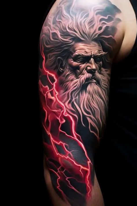 Zeus Tattoo Sleeve Ship Tattoo Sleeves, Greek God Tattoo, Poseidon Tattoo, Lightning Tattoo, Zeus Tattoo, Greek Mythology Tattoos, God Tattoos, Omerta Tattoo, Tattoo Inspiration Men