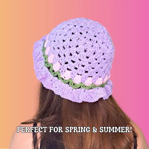 Bucket hat crochet pattern available on Etsy & Ravelry! #crochetpattern #crochetpatterns #etsycrochet #etsysellers #crochetbuckethat #buckethat #rufflehat #tulip #crochetflower #crochetflowers #grannysquare #grannysquares #tulipstitch #crochettok #crocheters #crochetersofinstagram #crochetinglove #summeroutfit #summercrochet #summerfit #summerfits #summerstyle #cottagecoreaesthetic #girlyaesthetic #frilly #crochetsummer #flowerpower #flowermagic #springlook #summerlook Tulip Bucket Hat, Bucket Hat Crochet Pattern, Bucket Hat Crochet, Hat Crochet Pattern, Crochet Bucket Hat, Cottage Core Aesthetic, Hat Crochet, Crochet Hat Pattern, Spring Looks