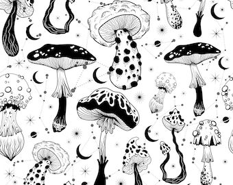 Black And White Mushroom Art, Black And White Mushroom Wallpaper, Mushroom Wallpaper Laptop, Mushroom Print Pattern, Mushroom Black And White, Mushroom Mural, Gothic Mushroom, Trippy Paintings, Wallpaper Mushroom