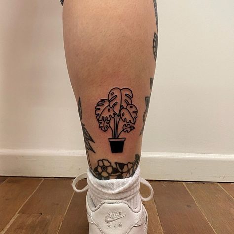 Planter Tattoo, Cheese Plant Tattoo, Monstera Tattoo, Adventure Time Tattoo, Plant Tattoo, Cheese Plant, Calf Tattoo, Time Tattoos, Tat Ideas