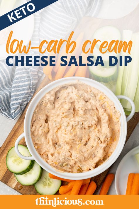 Whip up a tasty cheese dip as a low-carb snack or a keto party appetizer. Low-carb cream cheese salsa dip has just 2 grams of carbs per serving! Low Carb Cold Appetizers, Keto Cheese Dip Low Carb, Keto Cracker Dip, Low Carb Taco Dip, Low Carb Cheese Dip, Low Carb Dips For Veggies, Optavia Dip Recipes, Healthy Cream Cheese Dip, Keto Dips For Vegetables