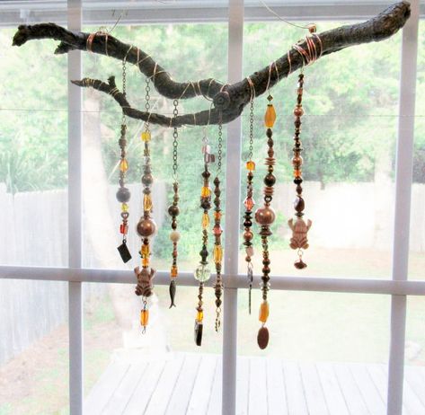 Frog Beads, Bead Wall Hanging, Branch Wall Hanging, Hanging Yard Art, Beaded Wall Hanging, Diy Wall Hanging Crafts, Driftwood Wall Hanging, Driftwood Diy, Mixing Metals