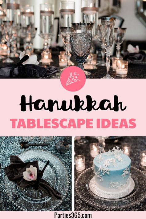 Gorgeous ideas for setting a beautiful Hanukkah dinner table. Inspired by the traditional Festival of Lights, this tablescape will inspire your table settings, table decor and party decorations. Hanukkah Tablescape, Hanukkah Table Setting, Hanukkah Ideas, Dinner Party Planning, Hanukkah Dinner, Hanukkah Party, Blue Icing, Traditional Festival, Chanukah Party