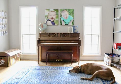 Playroom With Piano, Hammock House, Kids Music Room, Playroom Paint Colors, Grand Piano Room, Playroom Paint, Fun Playroom, Playroom Table, Modern Farmhouse Interior Design