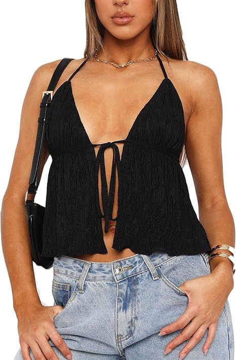 Women Y2k Front Tie Crop Tops Halter Neck Flowy Plisse Summer Going Out Top Sexy Split Sleeveless Cami Shirt Cami Shirt, Women Y2k, Tie Crop Top, Women Halter, Going Out Tops, Halter Crop Top, Flowy Tops, Cami Tanks, Halter Neck