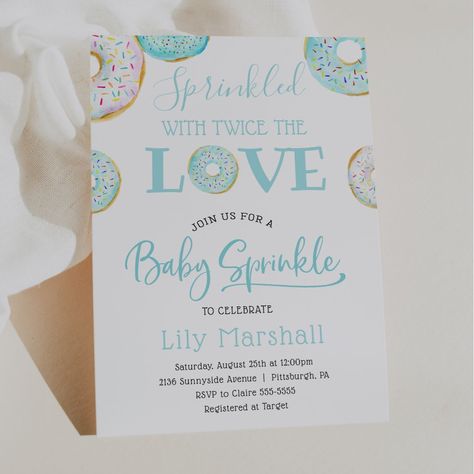 Twin Boys Donut Sprinkled with Twice the Love Invitation Baby Shower For Twins, Baby Boy Sprinkle, Fun Invitation, Baby Shower Food Ideas, Baby Boy Shower Invitations, Blue Donuts, Shower Food Ideas, Blue Baby Shower Invitations, Sprinkle Shower