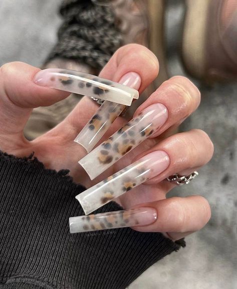 Clear Leopard Nails, Square Nails Cheetah Print, Cheetah Print Nails, Punk Nails, Print Nails, Leopard Nails, Soft Nails, Long Square Acrylic Nails, Bling Acrylic Nails