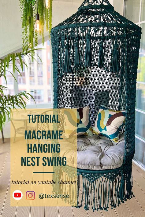 Hi, dears! 😍 I present to your attention a new tutorial - how to make such an amazing hanging chair🥰 Tutorial on my YouTube channel TEXSENSE 🎥 #macrame #macrametutorial #macramehammok #diymacrame #hangingchair #macrameswing #swing #hangingswing #loungechair #bluechair #blueccolor #bluecdecor #greydesign #greycolor #greyinterior #oliveroom #summer #summertime #hammock Macrame Hammock Chair Pattern, Cat Hammock Tutorial, Macrame Patterns Free, Homemade Hammock, Diy Hammock Chair, Diy Hanging Chair, Bags Macrame, Macrame Hammock Chair, Macrame Decoration