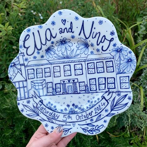 Another special wedding gift for the couple Ella and Ninos ✨🌸🌙 Thank you for such a cute commission! ✨🥰 I am up to my eyeballs in plates at the moment - thank you SO much to everyone who has placed an order ✨❤️ There’s lots of other ceramics available on my website too - link in bio!! ✨🎨🐛 Blue illustration on a petal rimmed plate (I don’t have anymore of this particular plate shape I’m sorry!)✨ Commissions are open! Just Dm me for an enquiry ✨🎨🦋 #art #artist #ceramics #pottery #painting #... Wedding Gift Pottery, Special Wedding Gifts, Blue Illustration, M Sorry, Ceramics Pottery, Pottery Painting, Dm Me, My Website, Art Artist