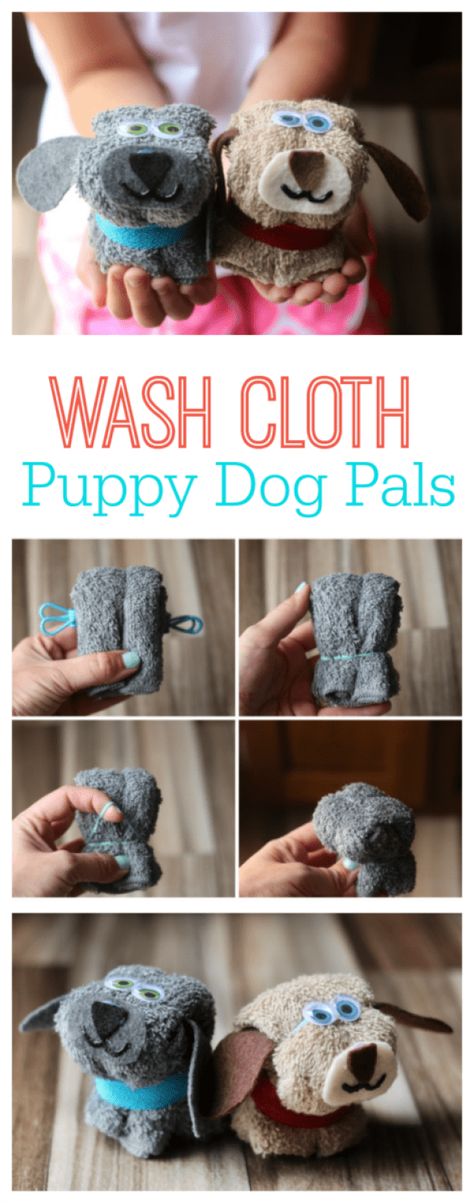 Turn a washcloth into a cozy little puppy friend with this simple no-sew puppy washcloth tutorial! Make a few of them to give as gifts. Washcloth Animals, Washcloth Crafts, Diy Teddy Bear, Idee Babyshower, Towel Animals, Puppy Birthday Parties, Fabric Crafts Diy, Diy Towels, Towel Crafts