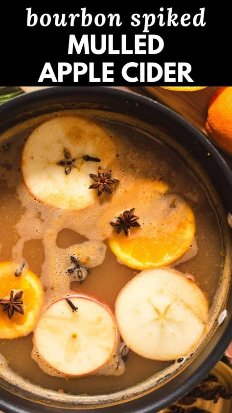 This hot apple cider is mulled with warming spices and spiked with bourbon for a cozy fall drink! It's ready in under 30 minutes and is perfect for fall gatherings. Hot Cider Recipe Spiked, Hot Apple Cider Crock Pot Alcohol, Mulled Spiked Apple Cider, Hot Apple Cider Bourbon Cocktail, Spiked Apple Cider Bourbon, Hot Bourbon Apple Cider, Spiked Apple Cider Crockpot, Mulled Cider Alcoholic, Warm Apple Cider Alcohol Drinks