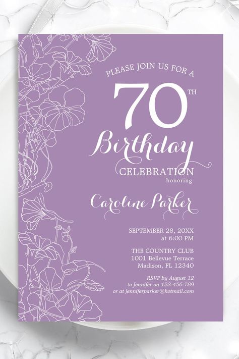 Lavender Purple Floral 70th Birthday Party Invitation 60th Birthday Party Invitations, Floral Birthday Invitations, 50th Birthday Party Invitations, 60th Birthday Invitations, 50th Birthday Invitations, Purple Birthday, Adult Birthday Invitations, 70th Birthday Parties, 80th Birthday Party