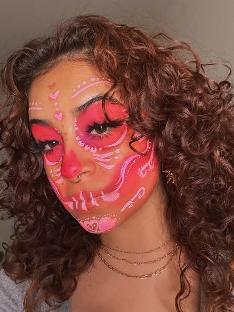 Pink Skull Makeup Halloween, Pink Sugar Skull Makeup, Full Face Halloween Makeup, Mexican Face Paint, Mexican Makeup Look Traditional, Sugar Skull Makeup Pretty, Colorful Skull Makeup, Pink Skull Makeup, Mexican Skull Makeup