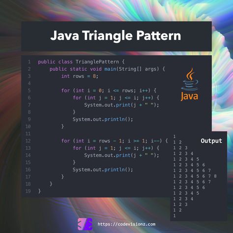 This program outputs a triangle pattern. 🔗 Link in Bio - Learn to code online #java #javaprogramming #javacode #javacoding #learnjava #code #codes #coding #learntocode #learncode #learncoding #learnprogramming #programming #softwaredeveloper #developer#softwaredevelopers #programminglife #codinglife #programminglanguage #programmingstudents #dev #devs #developer #developerlife Java Code Wallpaper, Java Programming Notes, Java Programming Code, Java Notes, Java Learning, Java Language, Java Code, Learn Java, Java Programming Tutorials