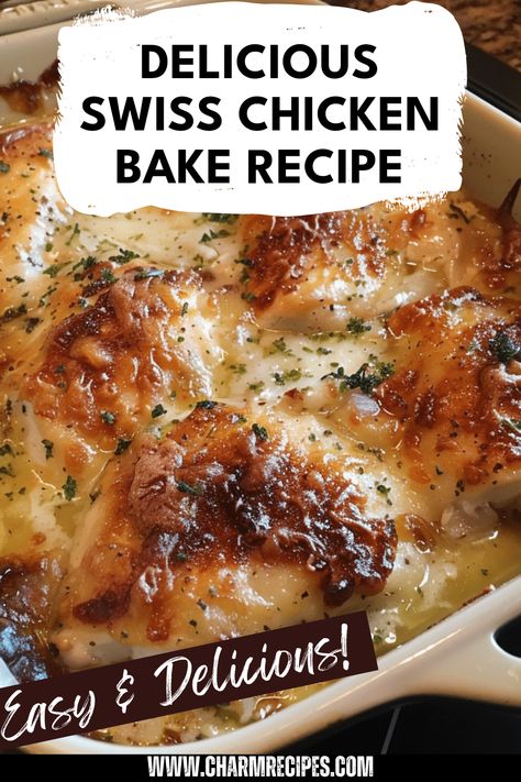 If you're looking for an easy and satisfying meal, try this Swiss Chicken Bake. You’ll enjoy tender chicken breasts topped with creamy Swiss cheese and delicious ingredients that melt in your mouth. Perfect for family dinners or potlucks, this Swiss Chicken Bake combines flavors like sweet peppers or mushrooms, making it a hit at any table. Plus, it’s a one-dish wonder that simplifies cleanup! Dig into comfort food with this savory recipe that is fast to prepare without compromising taste and quality. Creamy Swiss Cheese Chicken Bake, Meals With Swiss Cheese, Fast Comfort Food Dinners, Baked Swiss Chicken, Swiss Chicken Recipe, Chicken With Swiss Cheese Recipes, Swiss Mushroom Chicken, Creamy Swiss Chicken Bake, Mushroom Swiss Chicken Bake