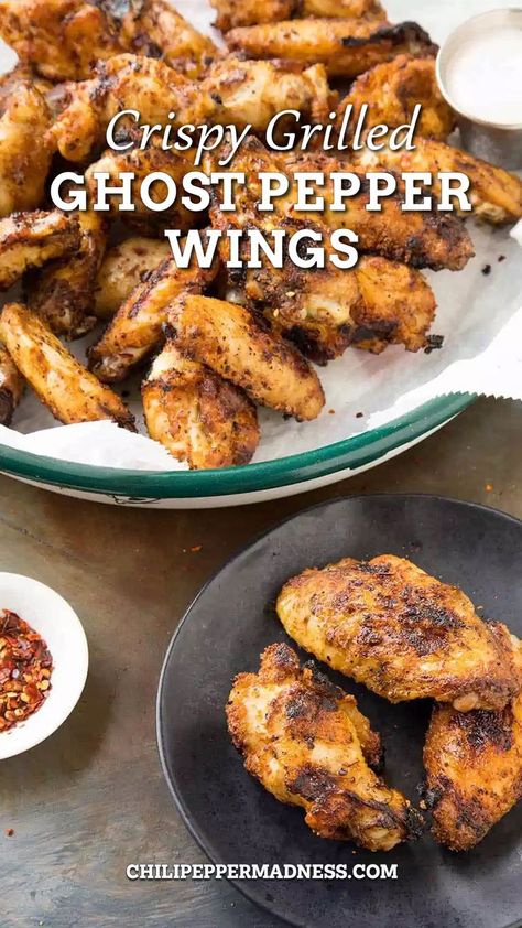 Ghost Pepper Wings Recipe, Ghost Pepper Wings, Spicy Appetizer Recipes, Hot Pepper Recipes, Pepper Chicken Wings, Hot Wing Recipe, Hot Wing Sauces, Bbq Appetizers, Chili Pepper Recipes