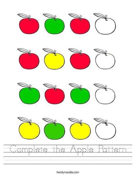 Complete the Apple Pattern Worksheet - Twisty Noodle Patterns Worksheet, Sequencing Activities Kindergarten, Zoo Preschool, Preschool Patterns, Twisty Noodle, Apple Pattern, Fall Preschool Activities, Pattern Worksheet, Apple Activities