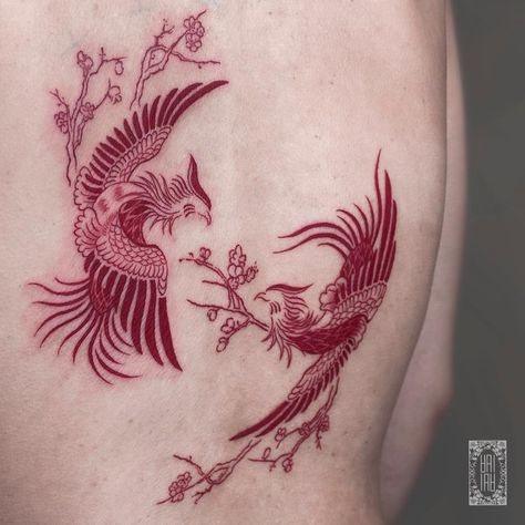 Cherry Blossom Red Tattoo, Cherry Blossom Tattoo Women, Phenoix Tattoos Back, Phoenix Back Tattoo Women, Red Color Tattoo, Chinese Phoenix Tattoo, Dragon Phoenix Tattoo, Asian Tattoos For Women, Red Back Tattoo