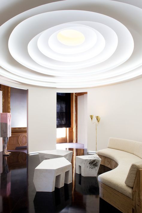 Yovanovitch’s Circular Pavilion Pierre Yovanovitch, Circular Ceiling, Cozy Interior Design, Interior Ceiling Design, Wood Columns, Ceiling Design Bedroom, Lobby Interior, Top Interior Designers, Contemporary Interior Design